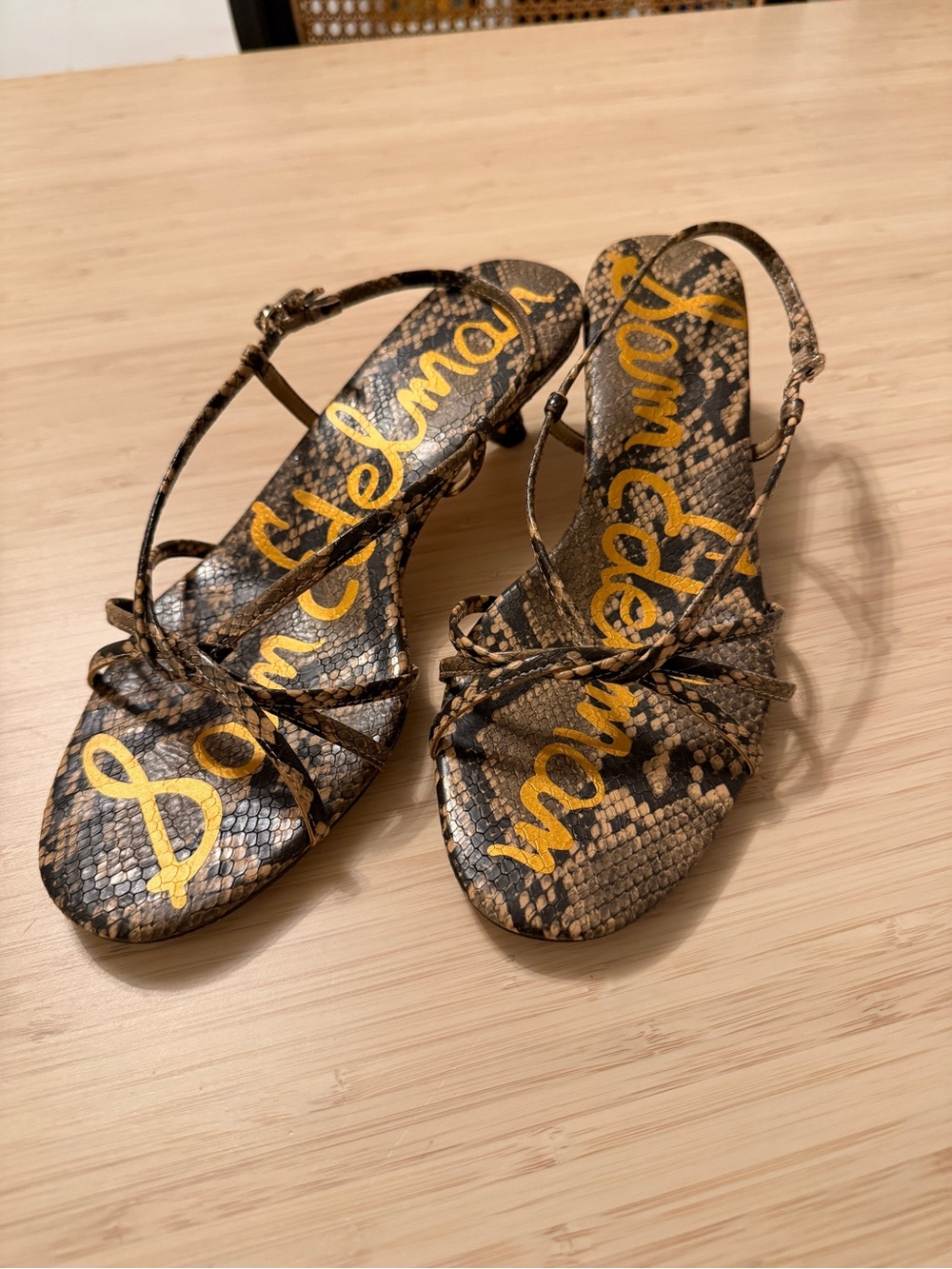 Sam Edelman Brown Snake-Print Strappy Sandals with Bow Accent
